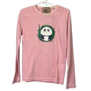 Hand Printed Upcycled Girls Medium Panda Bear Long Sleeve PolyCotton Tee